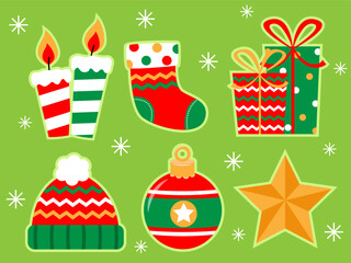 Festive holiday green background with candles, stocking, gifts, christmas hat, christmas bauble, and star. Perfect for Christmas Themed designs and greetings.