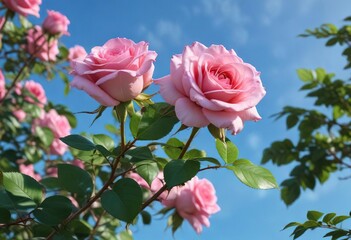 Pink rose with green leaves against a clear blue sky, pink rose, nature, foliage