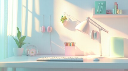 Pastel-toned, sunlit, organized workspace with headphones, plants, and desk accessories.