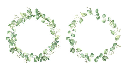 Watercolor Hand-painted Wreaths Set with Green Eucalyptus Leaves.