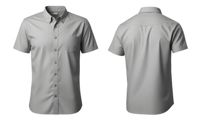 A gray button-up shirt with a plain design, shown from the front and back views