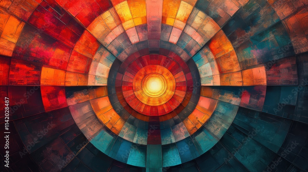 Poster vibrant geometric patterns radiate energy in a mesmerizing circular design