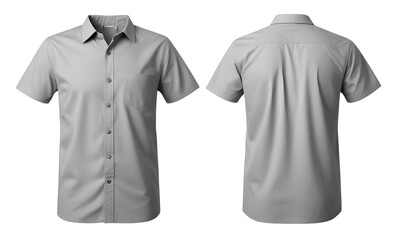 A gray button-up shirt with a plain design, shown from the front and back views