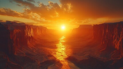 Fototapeta premium Fiery Sunset Over Canyon River: A Breathtaking Panorama