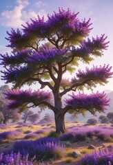 Majestic sage oak tree blooming with vibrant purple flowers, foliage, sage oak
