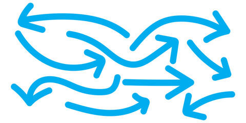 Blue Hand drawn vector arrow set. Arrow crayon brush doodle chalk line stroke. Sketch pencil texture line scribble arrow icon. Hand drawn grunge crayon brush sketch direction element on chalkboard.