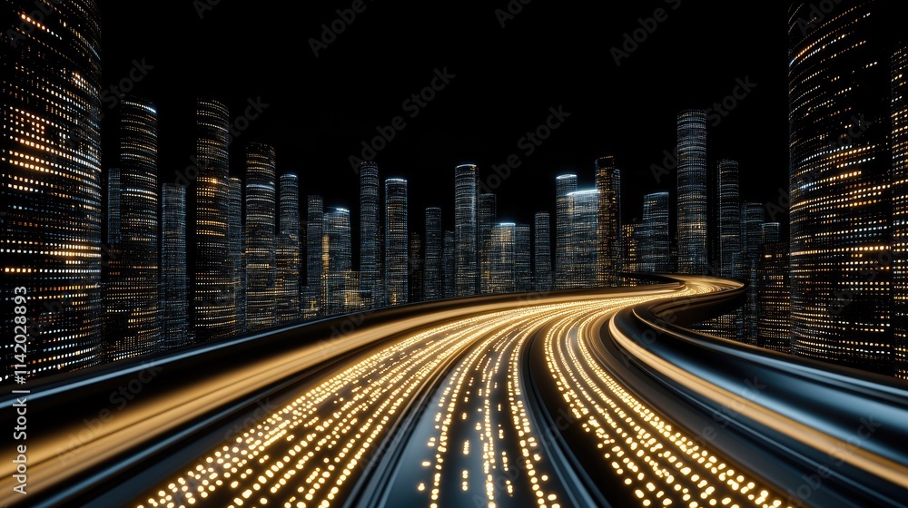 Fototapete A swirling data stream emits vibrant yellow and orange light while creating a mesmerizing effect with depth-of-field and bokeh blur