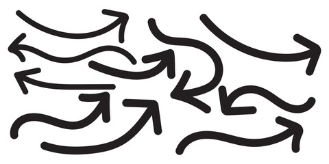 Brush, marker drawn bold arrows set. Collection of hand drawn doodle thick arrows in different directions. Set of Hand drawn vector arrows doodle on white background. design element vector . 