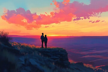 Fototapeta premium Two hikers enjoying a romantic moment, embracing the vibrant hues of a picturesque sunset over a vast valley