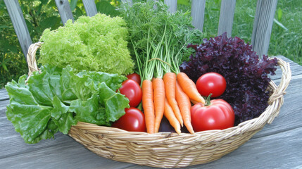 Fresh and Vibrant Vegetable Display in a Natural Setting Featuring Tomatoes, Carrots, and Lettuce in a Woven Basket on a Rustic Wooden Table