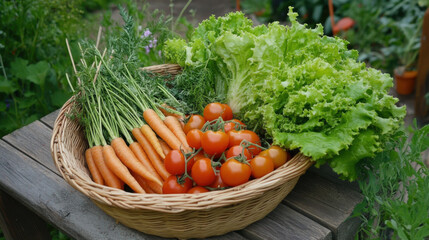 Fresh Harvest of Organic Carrots, Cherry Tomatoes, and Crisp Lettuce Gathered in a Natural Woven Basket on a Rustic Wooden Table Surrounded by Greenery