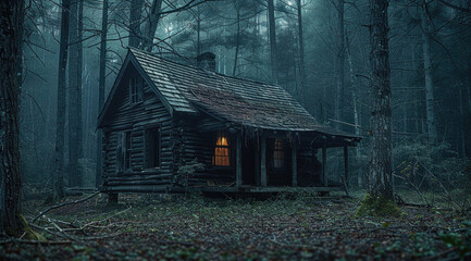 A decrepit, old wooden cabin at the edge of a dense, eerie forest. surrounded by towering dark trees with twisted branches, The structure is in disrepair, with broken windows.