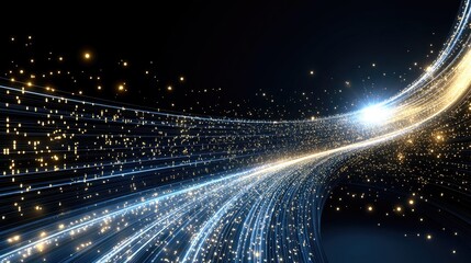 A swirling data stream emits vibrant yellow and orange light while creating a mesmerizing effect with depth-of-field and bokeh blur