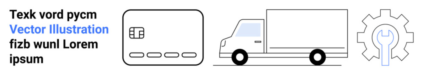 Credit card with chip, delivery truck in motion, large gear with wrench inside, placeholder text. Ideal for logistics, payment systems, delivery services, supply chain management, technology