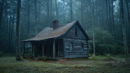 Fototapeta premium A decrepit, old wooden cabin at the edge of a dense, eerie forest. surrounded by towering dark trees with twisted branches, The structure is in disrepair, with broken windows.
