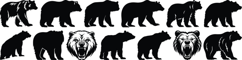 Bear silhouettes set, animal pack of vector silhouette design, isolated background