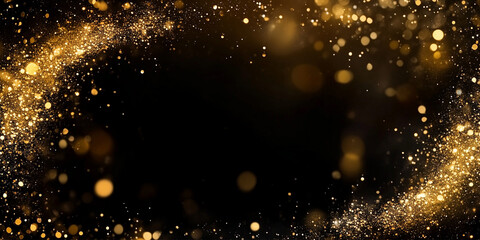 Golden dust and sand on the black background, scattered gold dust, sand effect with glitters and sequins forming a copy space and a frame. Wallpaper and banner.	