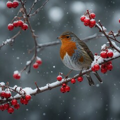 A robin on a snow-covered branch with red berries.