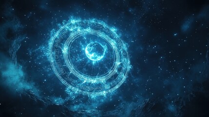 Obraz premium Celestial patterns illuminate the night sky with vibrant blue energies and cosmic designs in a mystical landscape