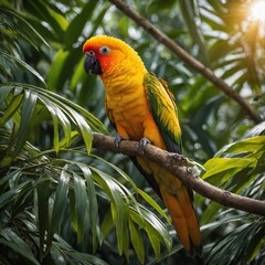 A sun conure perched on a tropical branch, the sun filtering through the foliage.