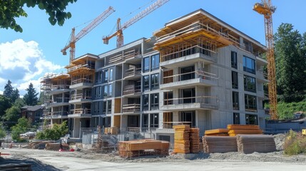 Obraz premium Modern construction site with cranes and blue sky background