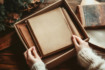 Woman organizing antique books in archive, preserving history and literature for future generations