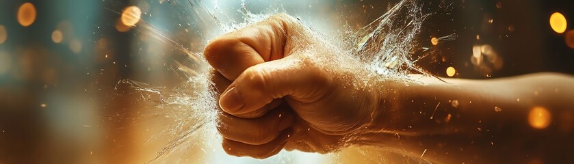 Fototapeta premium Fist breaking glass ceiling, empowering women and minorities, social justice representation, career opportunities, diversity in leadership roles, 8K sharp detail, photorealistic