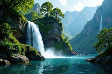 Fototapeta premium Foliage-covered mountain slope with waterfall, liquid, foliage, cascade