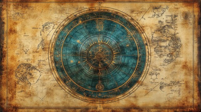 Ancient celestial map showcasing intricate constellations and geographical details set against a vintage parchment background