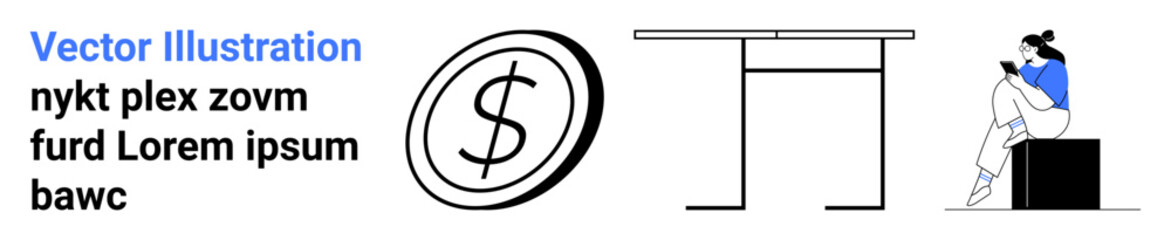 Woman sitting on a box reading a book, large dollar coin, and office desk. Ideal for finance, business, education, work-from-home, freelancing saving investments. Landing page