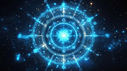 Obraz premium Celestial circle with glowing symbols represents cosmic energy and the mysteries of the universe at night