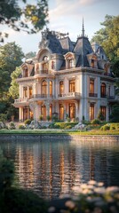 Fototapeta premium Victorian-style mansion with reflection in water during sunset