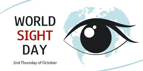 World Sight Day. Horizontal white background with silhouette of eye, world map and text. Template for banner, poster, flyer, medical presentation.