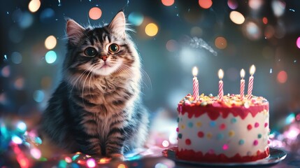 Festive celebration banner featuring an adorable merry kitty with party hat and gift boxes, perfect for birthdays, anniversaries, holidays, or special occasions with a cheerful and whimsical theme"