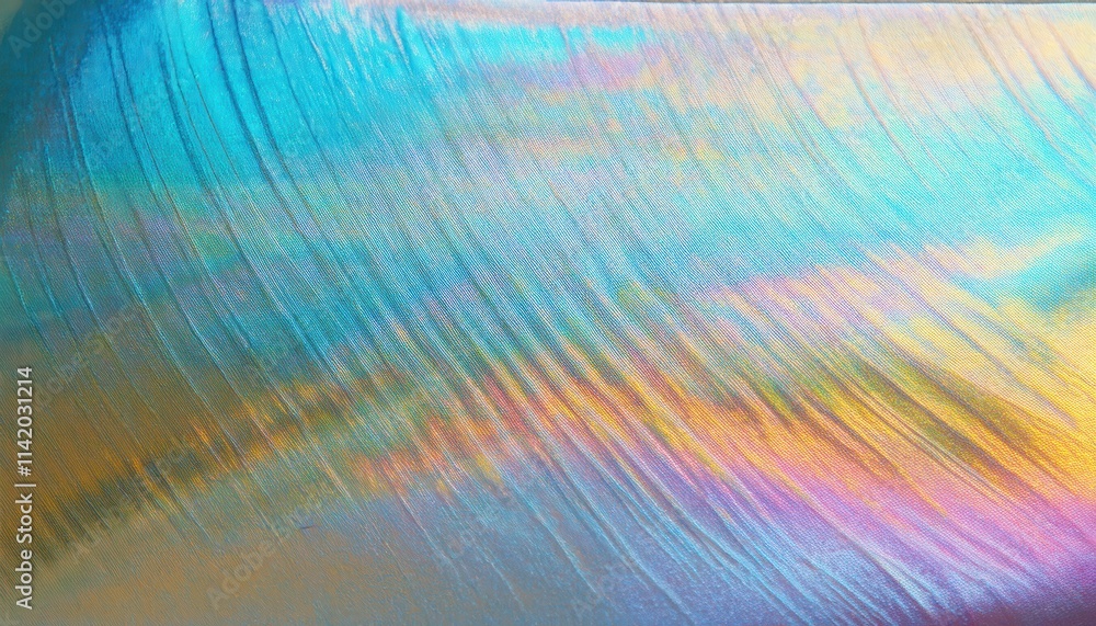 Poster Vibrant Iridescent Texture Background. Abstract Holographic Surface with Multicolor Reflections in Blue, Pink, and Gold Tones. Perfect for Creative Designs, Digital Art, and Futuristic Concepts