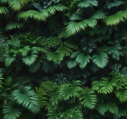 Dark green palm leaves and stems forming a dense thicket against a rich emerald green moss-covered stone background, natural textures, lush vegetation, outdoor landscaping