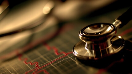 Close-Up View of a Stethoscope on a Medical Chart with Heartbeat Graph, Symbolizing Healthcare and Clinical Diagnosis in a Professional Setting