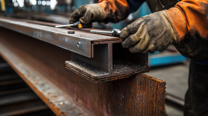 Skilled Worker Engaged in Metal Fabrication Process Using Hand Tools on Industrial Steel Beam in Workshop Setting, Emphasizing Precision and Craftsmanship