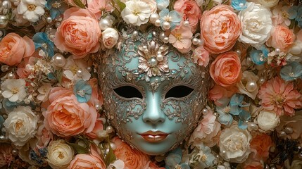 Vibrant masquerade mask adorned with intricate details and surrounded by a stunning floral arrangement