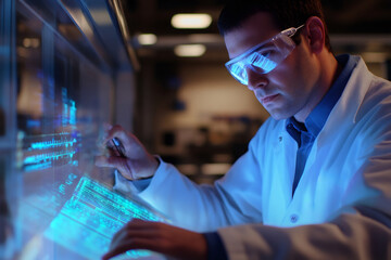Scientist wearing safety glasses analyzing data on a futuristic transparent touchscreen in a modern laboratory