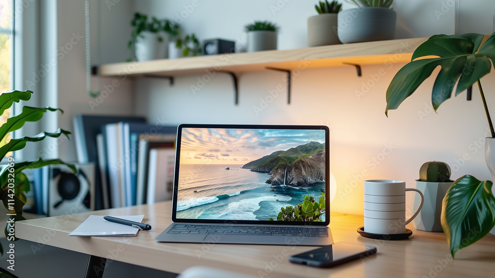 Poster This cozy workspace features a laptop with ocean views and serene plants all around.