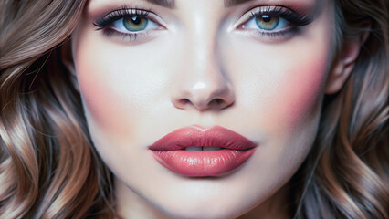 A close-up view of expertly applied makeup, highlighting the model's features.The woman's expressive eyes and full lips are the focal point of the image.