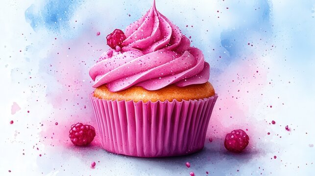 Delightful Pink Frosted Cupcake with Raspberries Surrounded by Colorful Splashes Perfect for Celebrations, Parties, Baking Blogs, and Dessert Menus