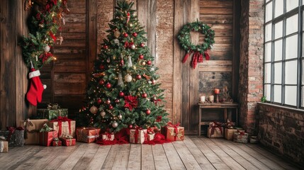 A holiday photo setup with distressed wooden walls, natural wooden floors, and a large Christmas tree surrounded by festive decor.