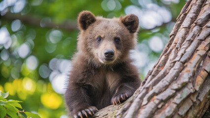Fototapeta premium A young brown bear, perched high in a tree, gazes directly at the camera.Curiosity fills the eyes of this adorable bear cub as it surveys its surroundings from a tree branch. 