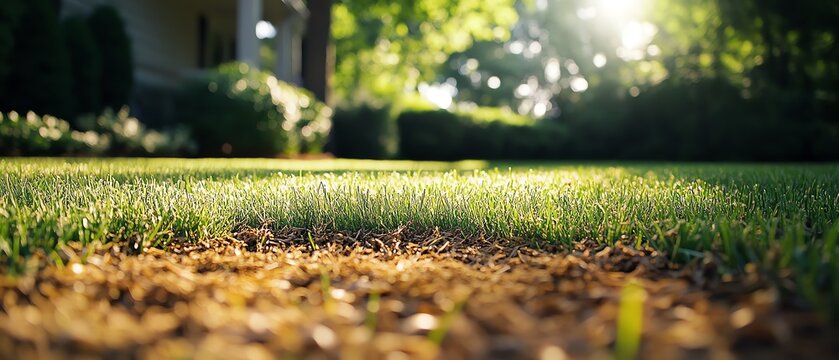 Lawn with brown patches caused by grub and chinch bug damage, roots affected by larvae, dry spots, garden landscaping tips, cinematic focus, photorealistic, 8K detail