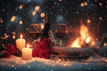 Romantic winter dinner setting featuring wine glasses, candles, roses, and plates on a snowy table with a warm fire and falling snow