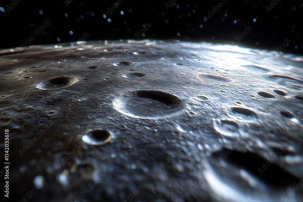 Poster A close-up of the surface of the moon with high-resolution craters and shadows