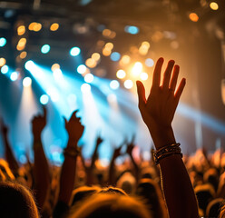 Hands silhouettes raised up in a colorful stage lights of night club live music show