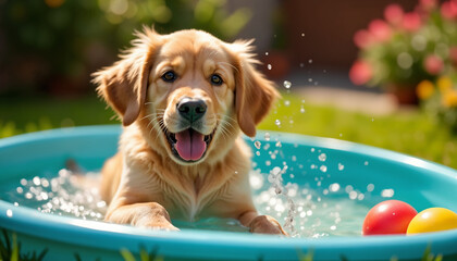 Golden Retriever Playing in a Pool